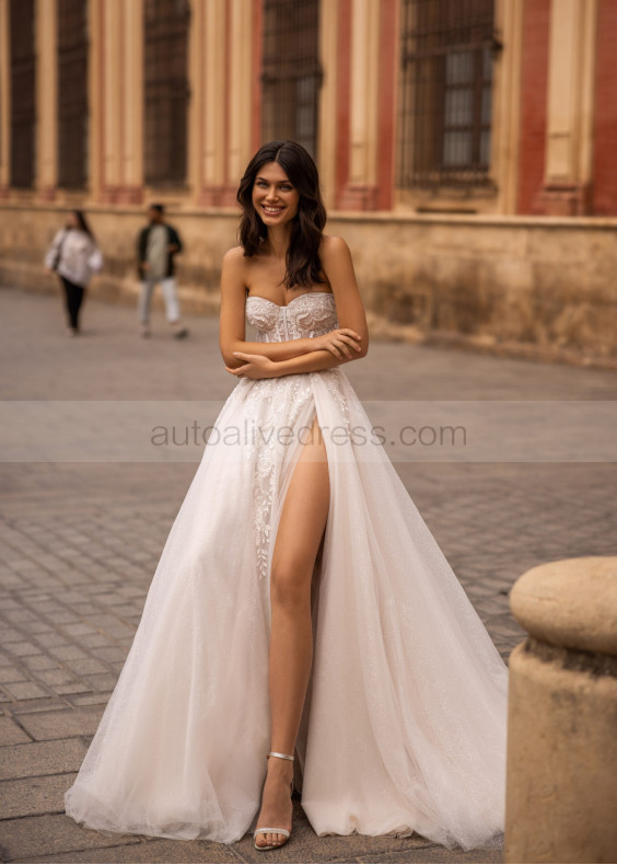 Beaded Strapless Sweetheart Ivory Lace Glitter Tulle Wedding Dress